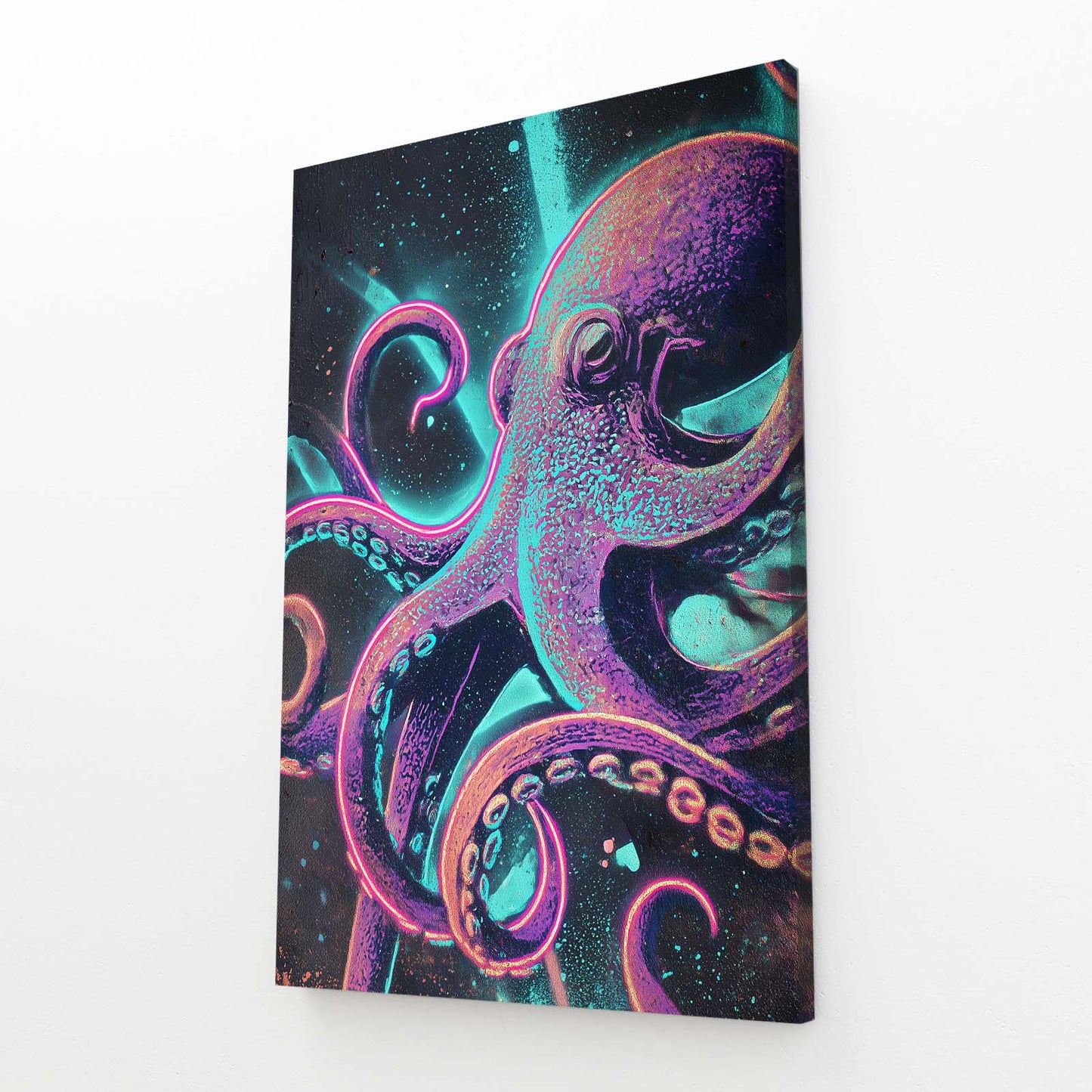 Neon Teal Tentacles Octopus Canvas Art – angled canvas view on white background