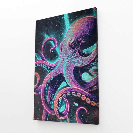 Neon Teal Tentacles Octopus Canvas Art – angled canvas view on white background