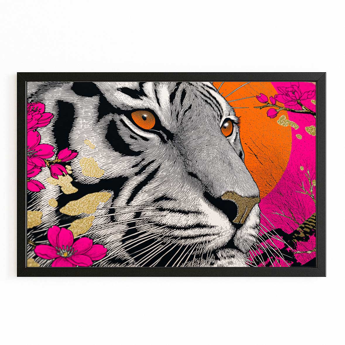 Neon Tiger Portrait Cherry Blossom Prints – with Premium Black frame on white background