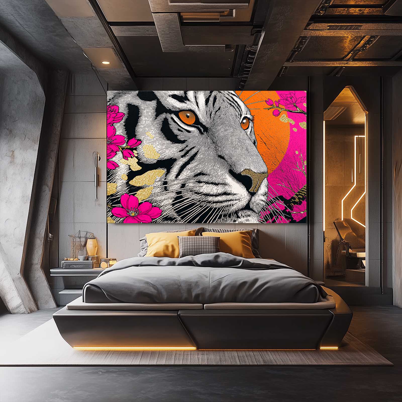 Neon Tiger Portrait Cherry Blossom Prints – styled in a furnished interior
