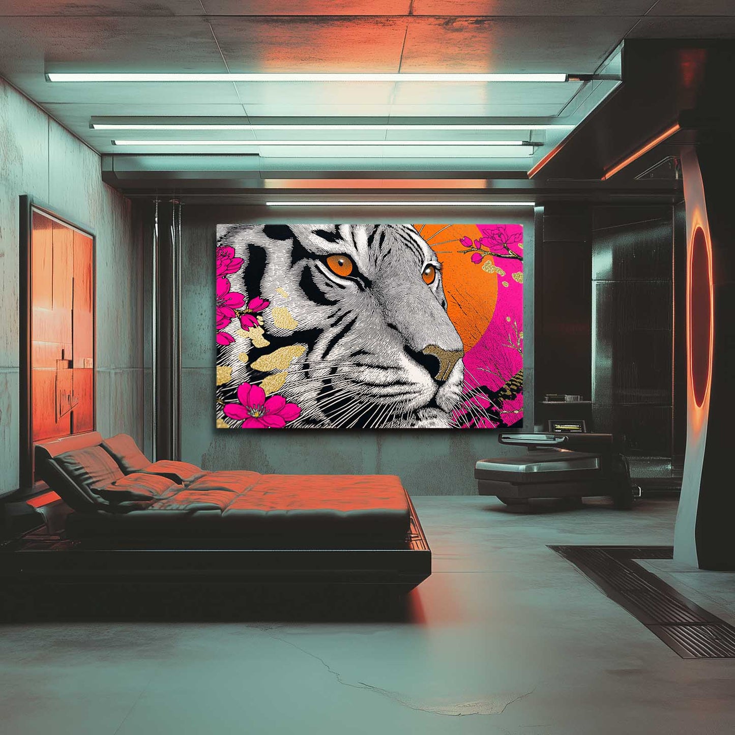 Neon Tiger Portrait Cherry Blossom Prints – styled in a furnished interior