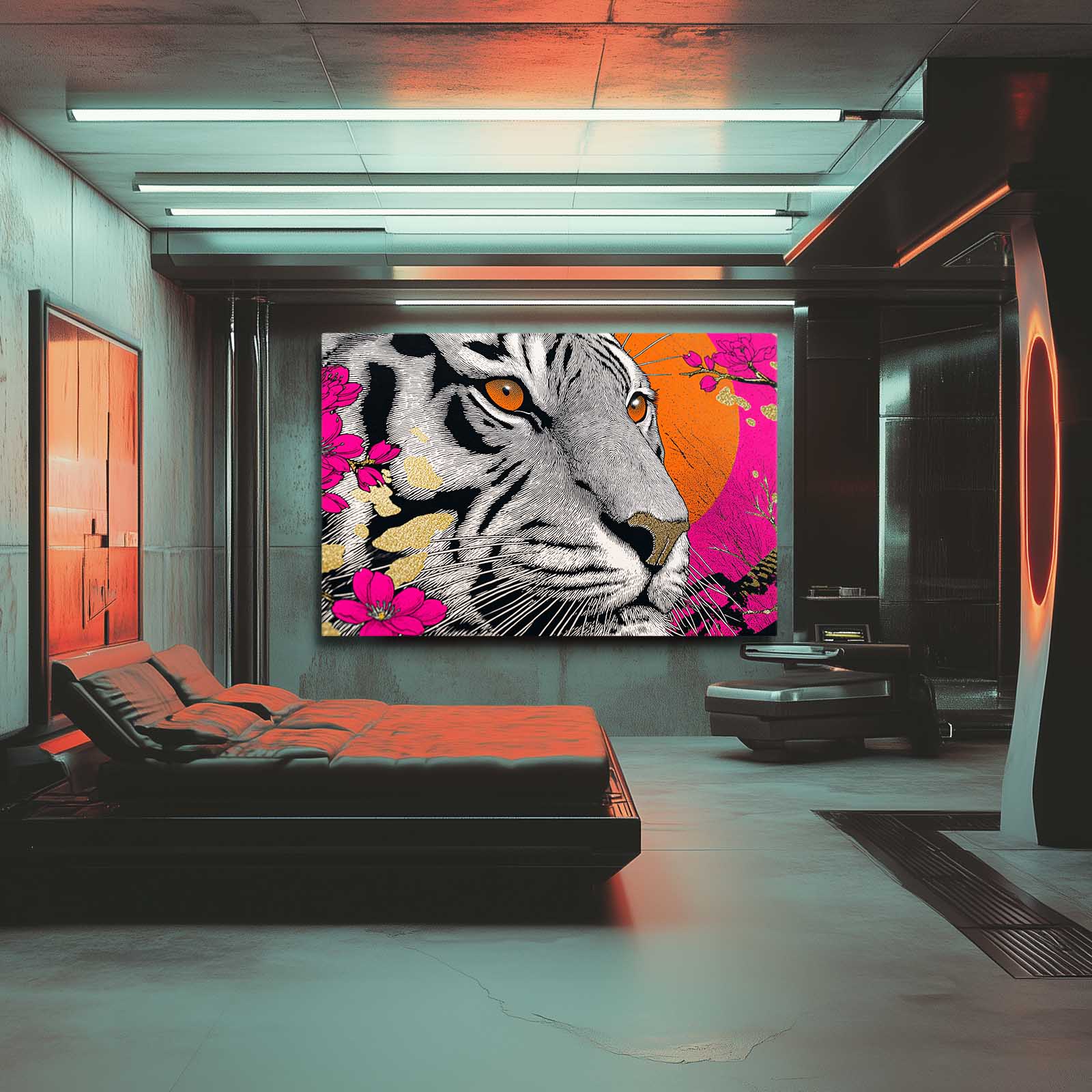 Neon Tiger Portrait Cherry Blossom Prints – styled in a furnished interior