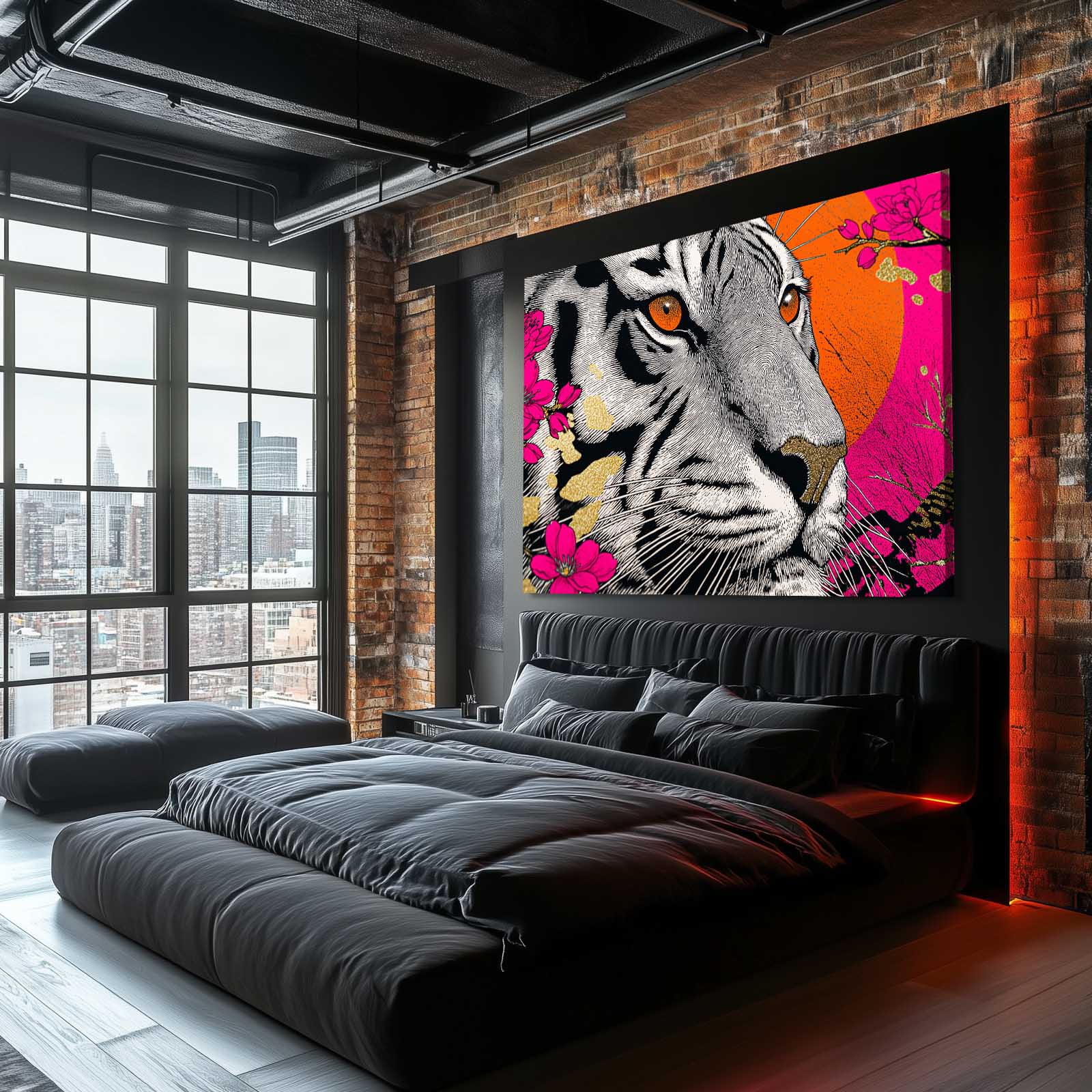Neon Tiger Portrait Cherry Blossom Prints – styled in a furnished interior