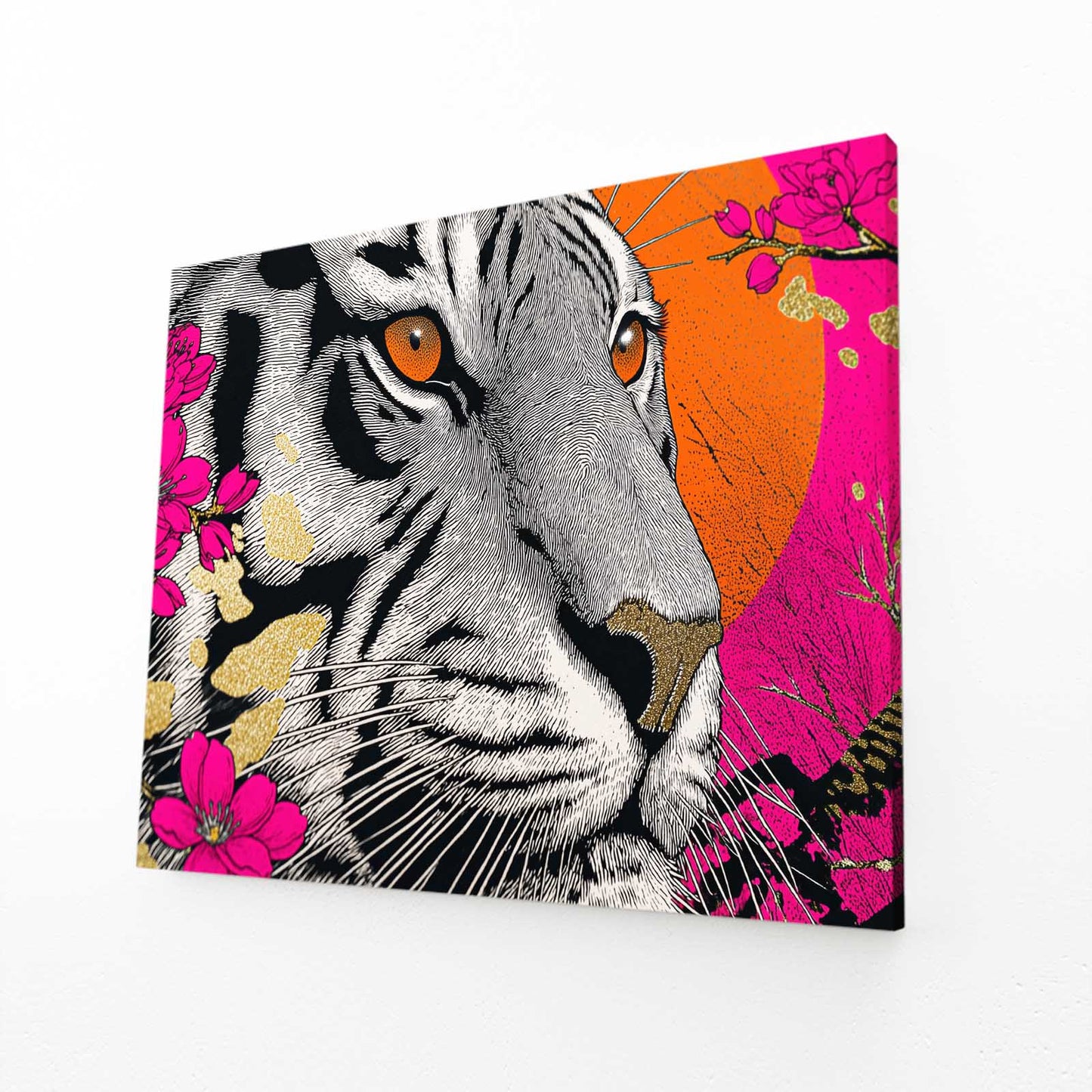 Neon Tiger Portrait Cherry Blossom Prints – angled canvas view on white background