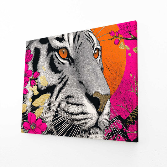 Neon Tiger Portrait Cherry Blossom Prints – angled canvas view on white background