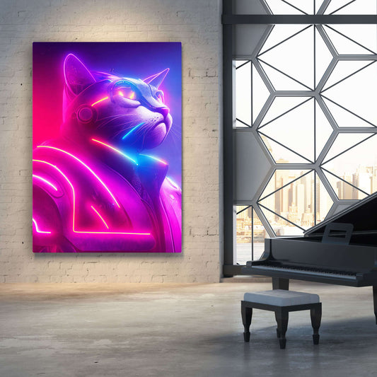Neon Warrior Cat Wall Art — contemporary canvas print in pink tones, view 3