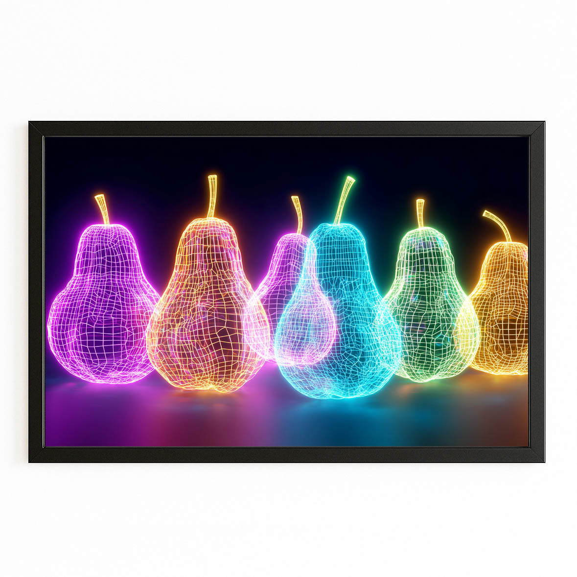 Neon Wireframe Pears Fruit Wall Decor – with Premium Black frame on white background