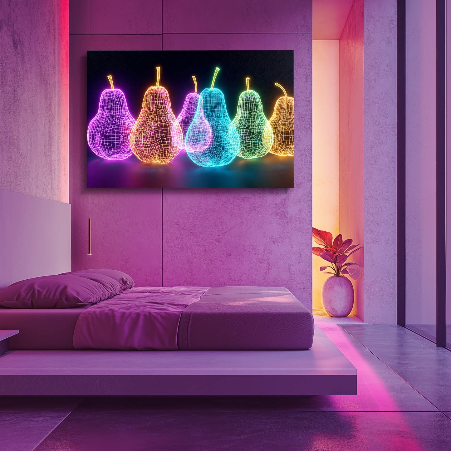 Neon Wireframe Pears Fruit Wall Decor – styled in a furnished interior