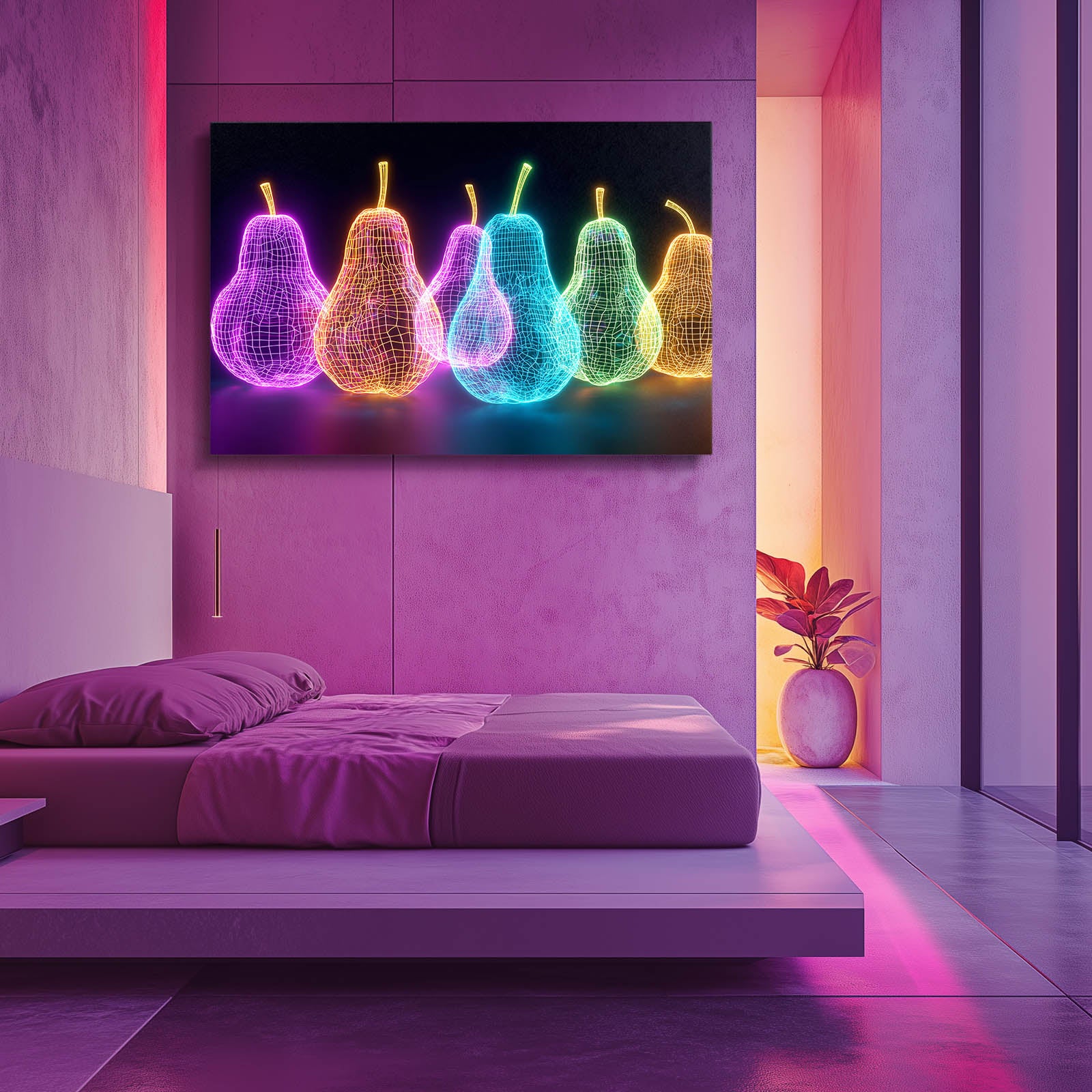 Neon Wireframe Pears Fruit Wall Decor – styled in a furnished interior