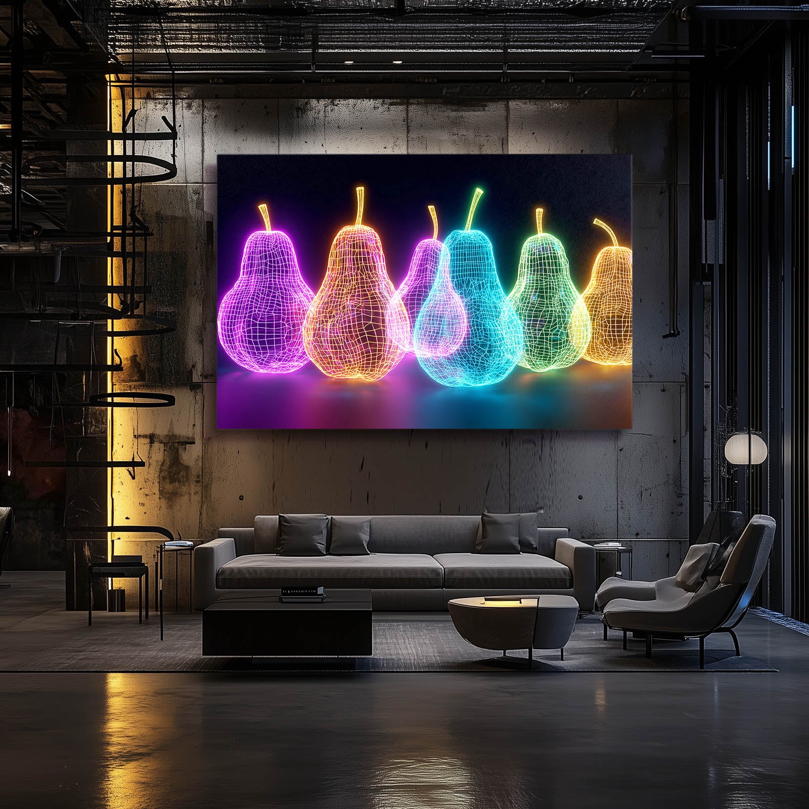 Neon Wireframe Pears Fruit Wall Decor – styled in a furnished interior