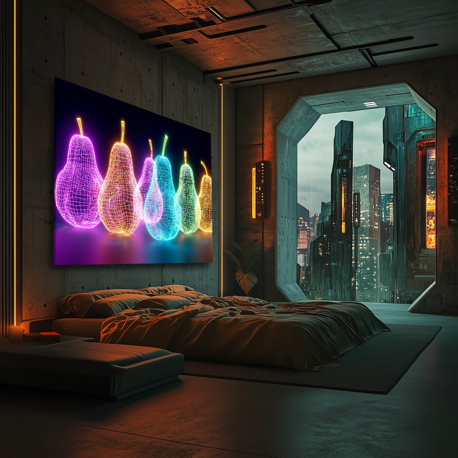 Neon Wireframe Pears Fruit Wall Decor – styled in a furnished interior