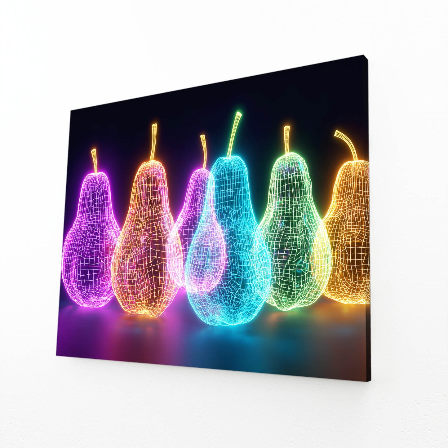 Neon Wireframe Pears Fruit Wall Decor – angled canvas view on white background