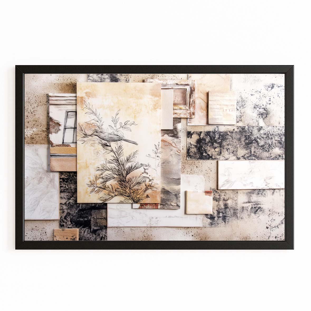 Neutral Collage Farmhouse Art – with Premium Black frame on white background