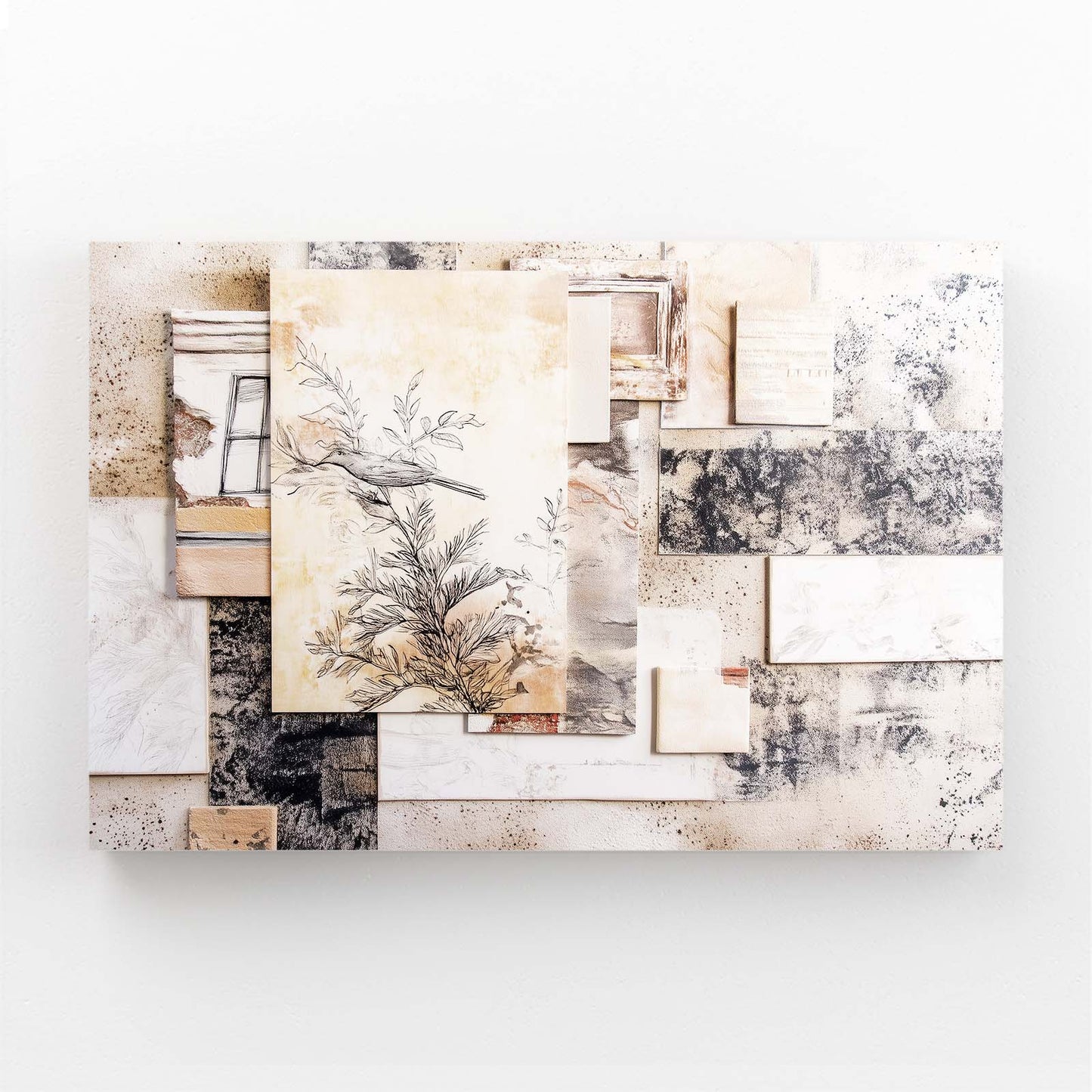 Neutral Collage Farmhouse Art – angled canvas view on white background