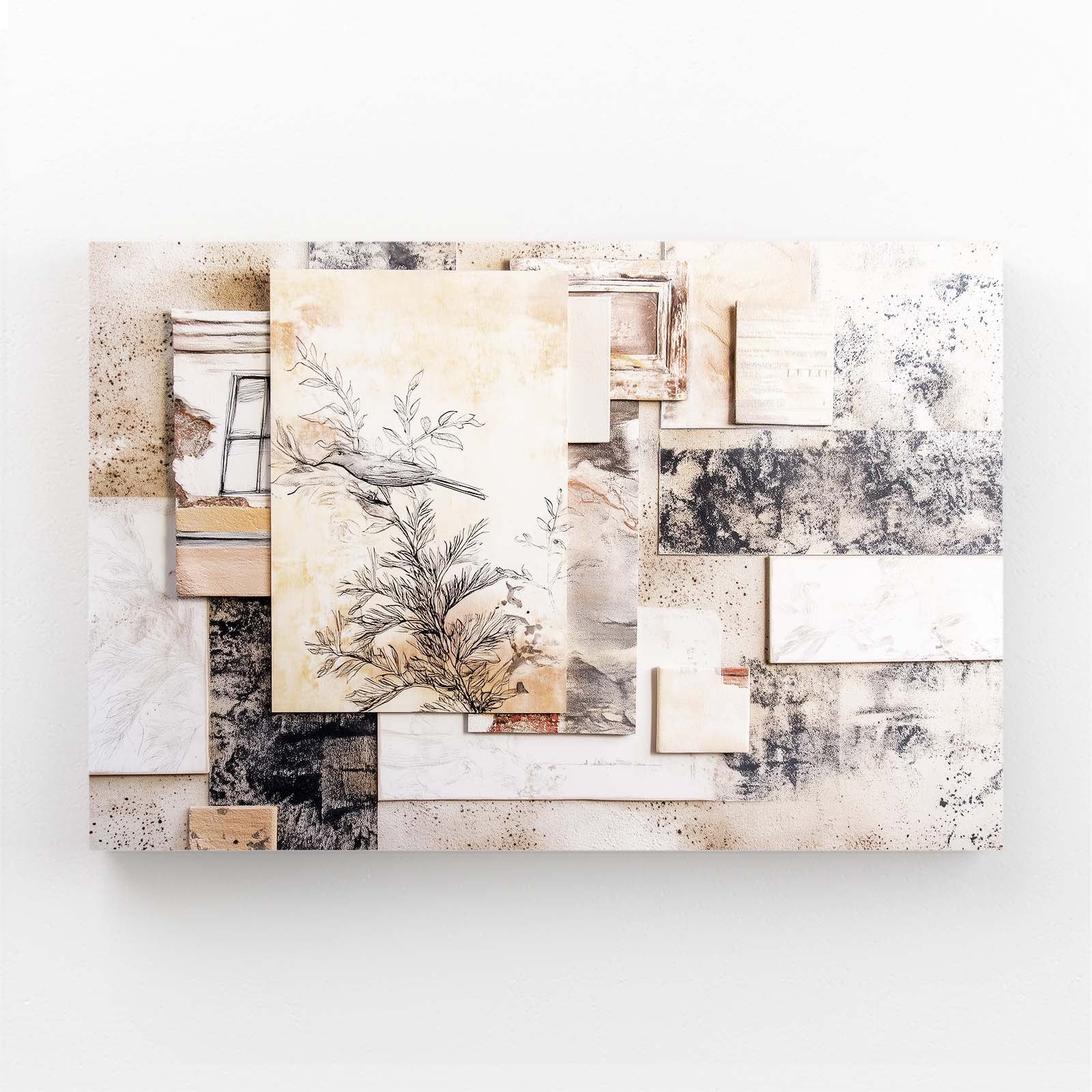 Neutral Collage Farmhouse Art – angled canvas view on white background