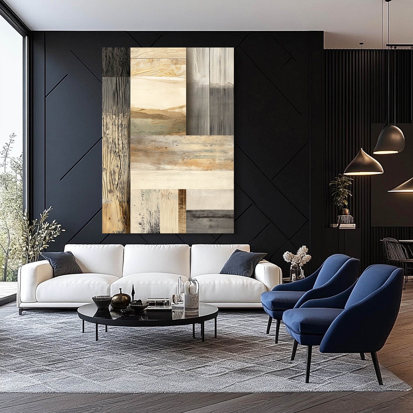 Neutral Wood Abstract Farmhouse Wall Art – styled in a furnished interior