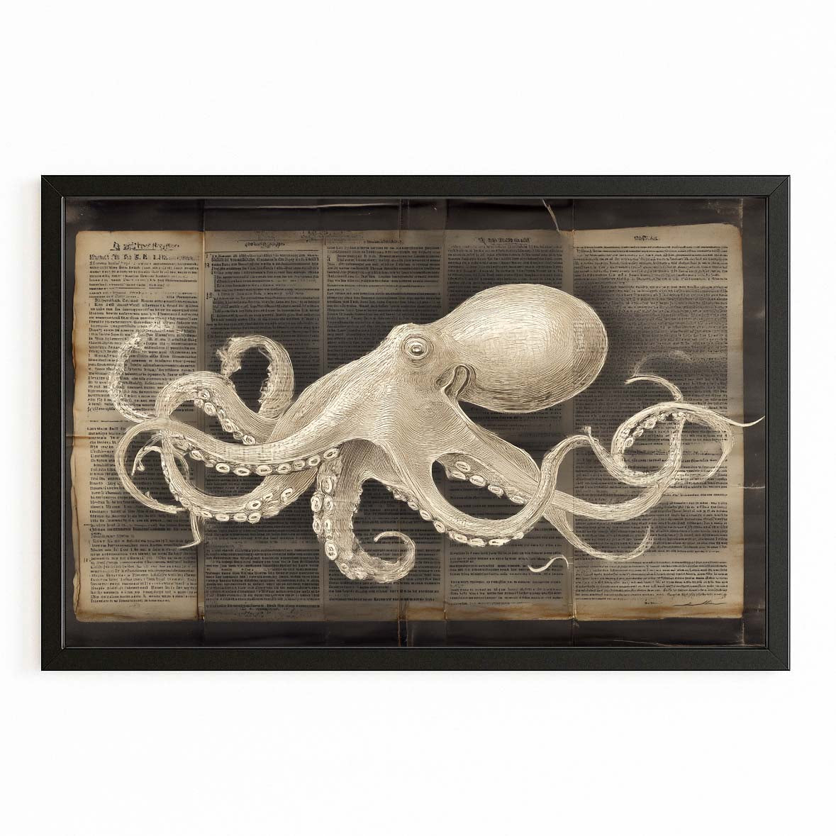 Newsprint Study Octopus Wall Art – with Premium Black frame on white background