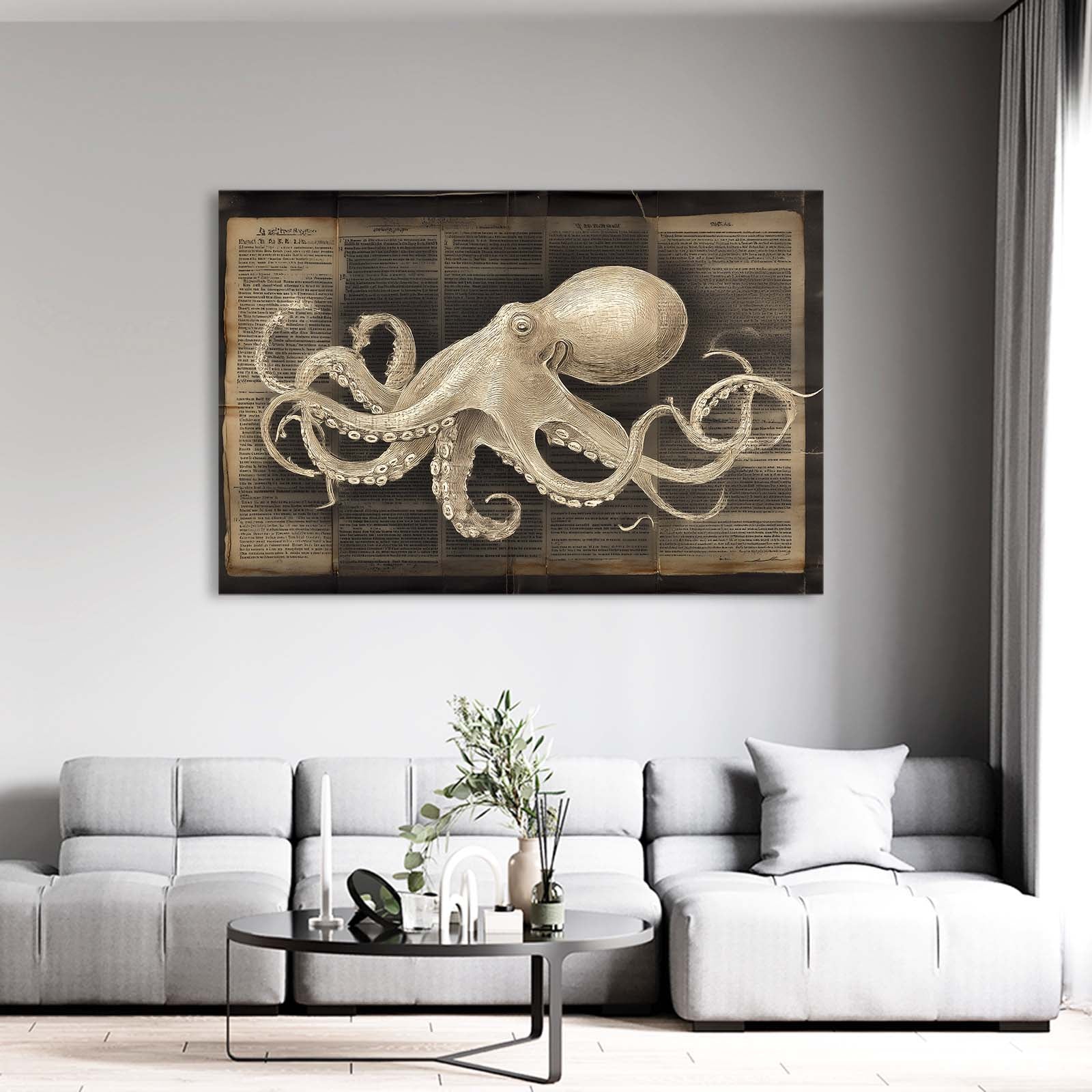 Newsprint Study Octopus Wall Art – styled in a furnished interior