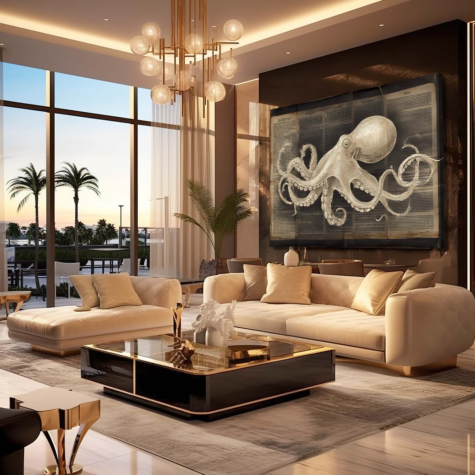Newsprint Study Octopus Wall Art – styled in a furnished interior