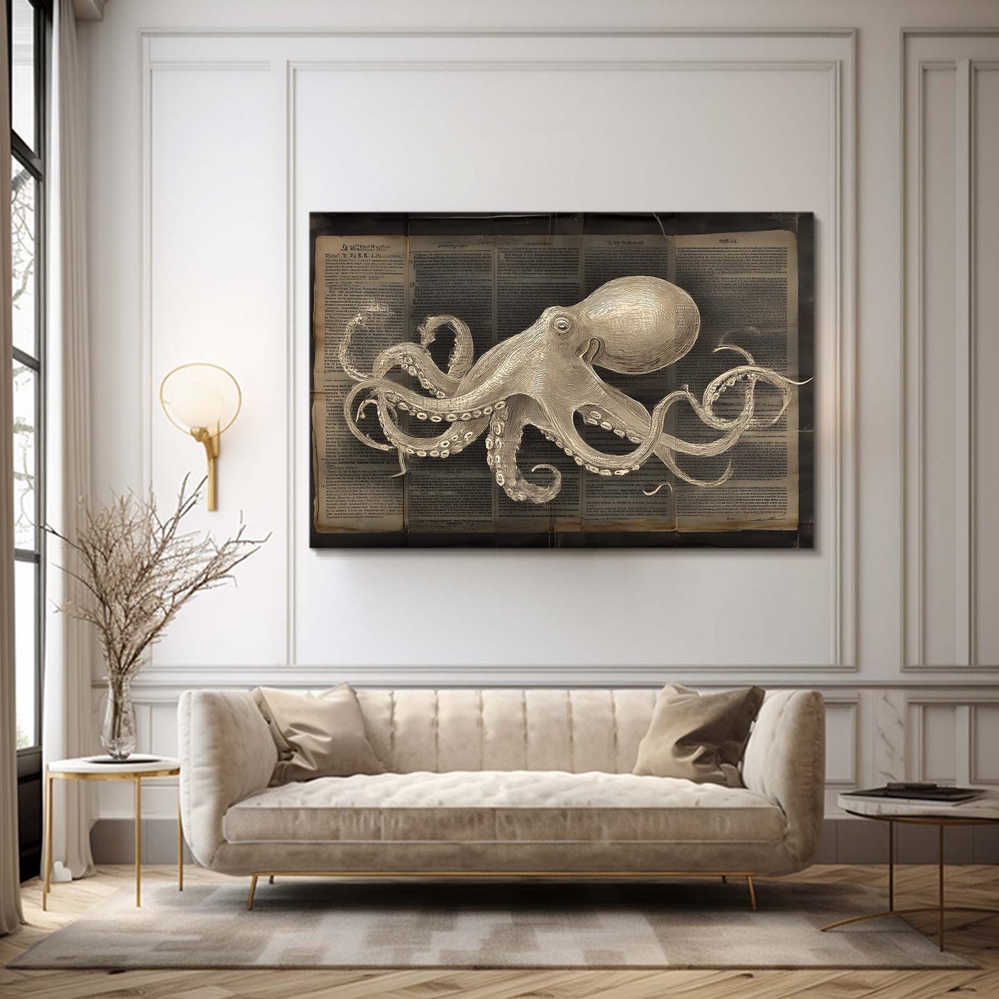 Newsprint Study Octopus Wall Art – styled in a furnished interior