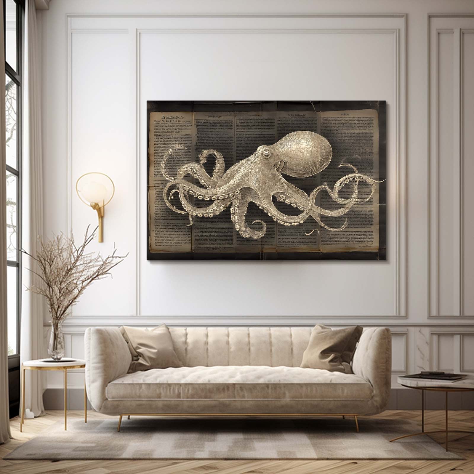 Newsprint Study Octopus Wall Art – styled in a furnished interior
