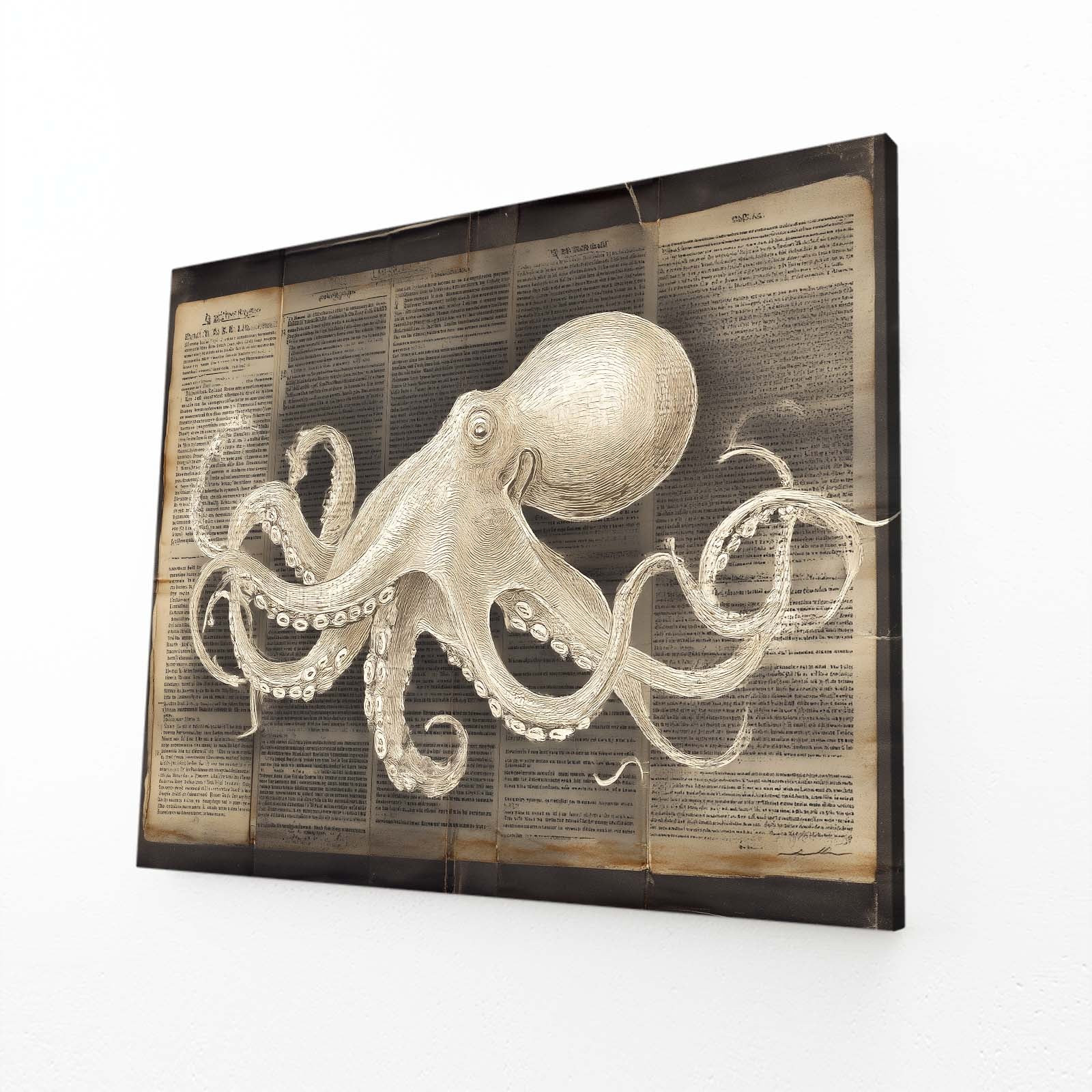 Newsprint Study Octopus Wall Art – angled canvas view on white background