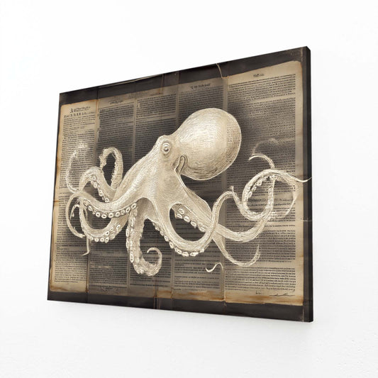 Newsprint Study Octopus Wall Art – angled canvas view on white background