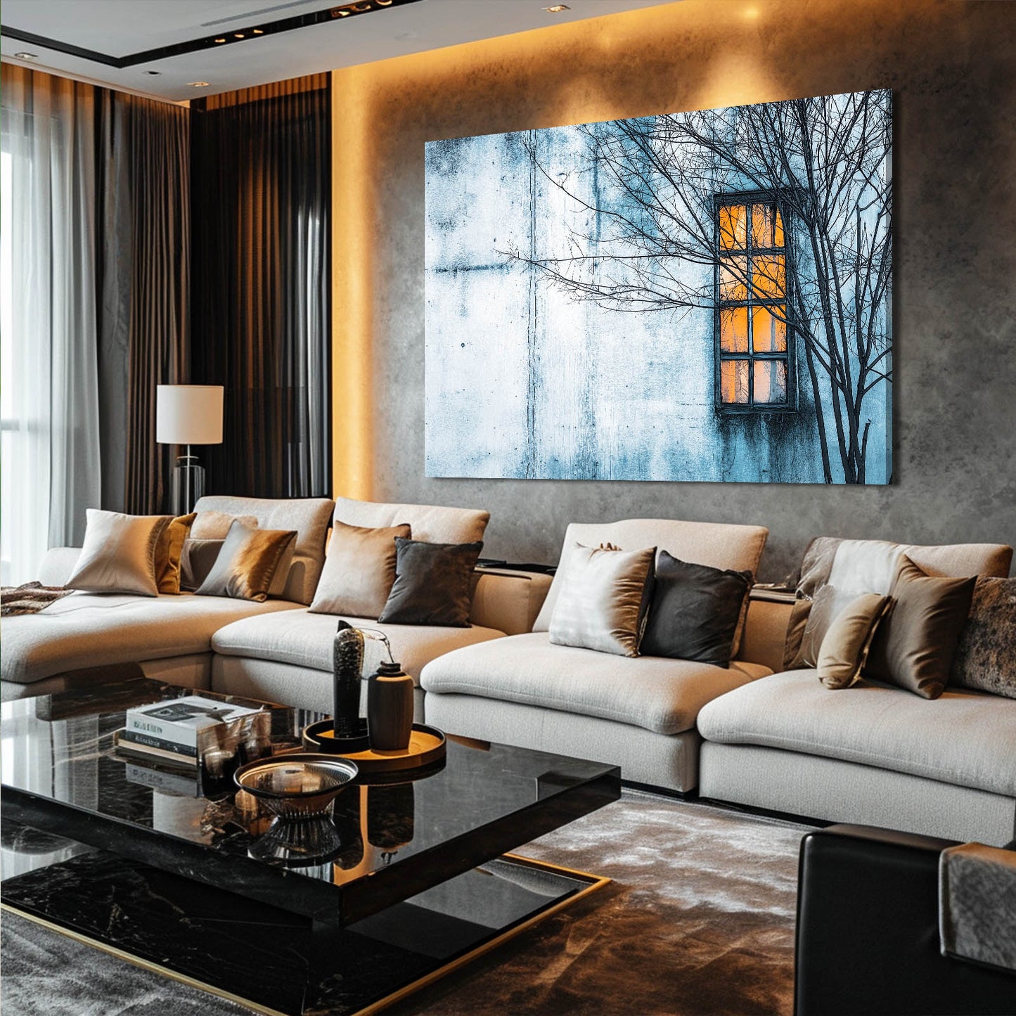 Night Window Lights Photography Wall Decor – styled in a furnished interior