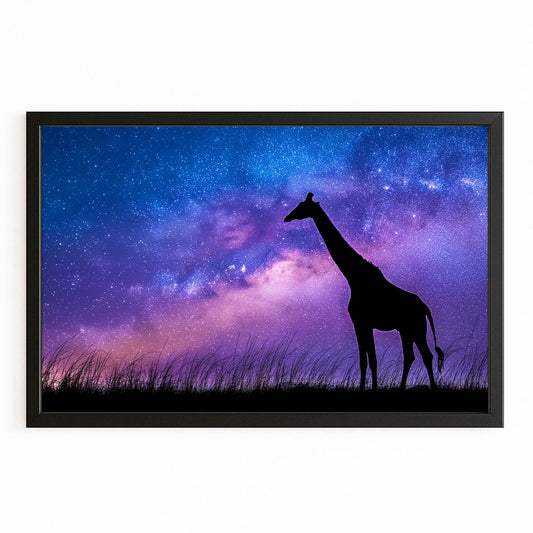 Silhouette of a giraffe against a starry night sky with the Milky Way galaxy.