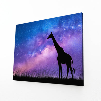 Giraffe silhouette against a starry sky with purple and blue hues