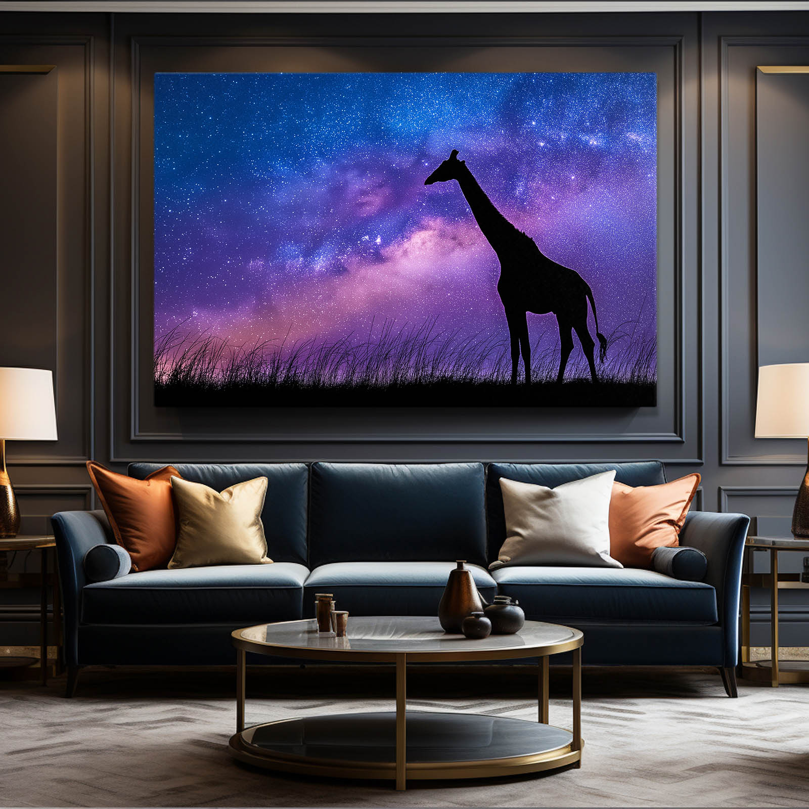 Living room with a blue sofa, round coffee table, and a large framed picture of a giraffe against a starry sky.