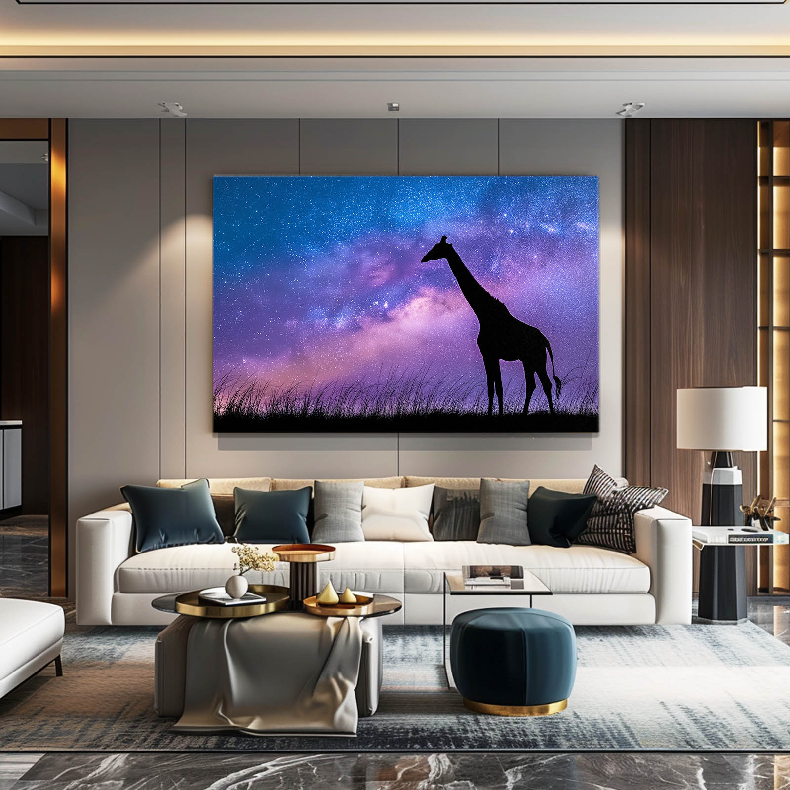 Modern living room with a large TV displaying a giraffe silhouette against a starry sky.