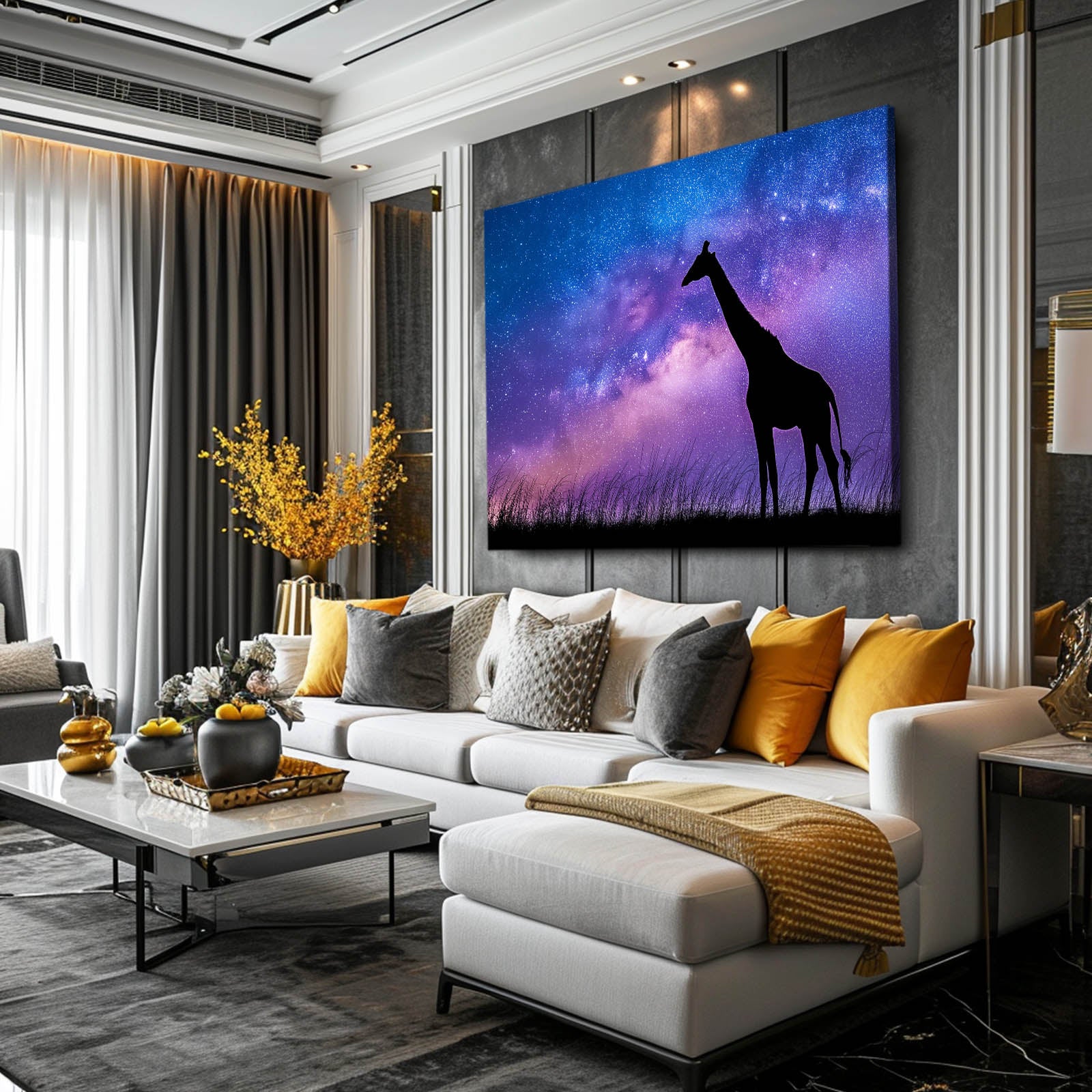 Modern living room with a large sofa, coffee table, and wall art of a giraffe against a purple sky.