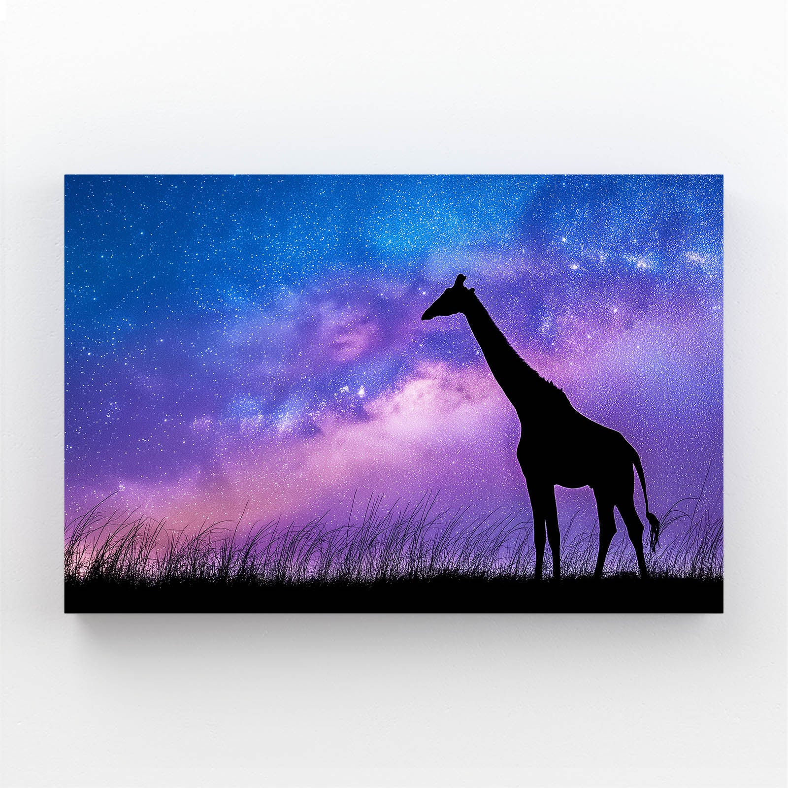 Silhouette of a giraffe against a starry night sky with purple and blue hues.