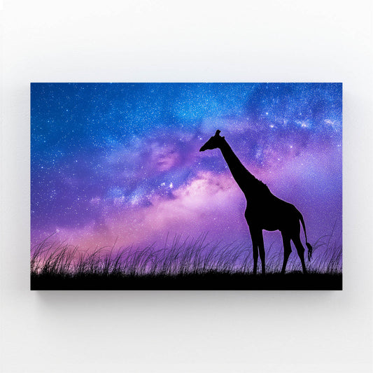 Silhouette of a giraffe against a starry night sky with purple and blue hues.