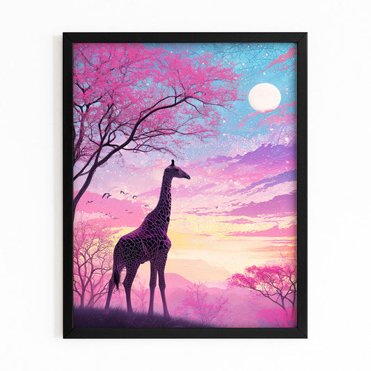 Framed artwork of a giraffe under a pink and purple sky with a full moon.
