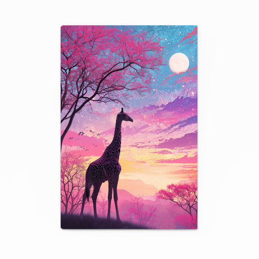 Giraffe standing in a colorful landscape with pink trees and a moonlit sky.