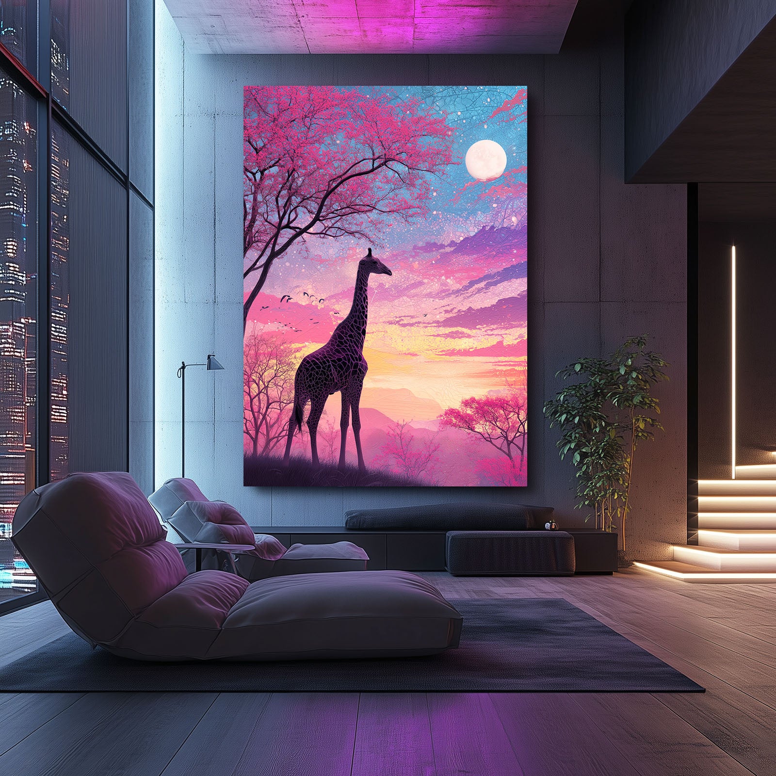 Modern living room with a large painting of a giraffe under a pink sky.