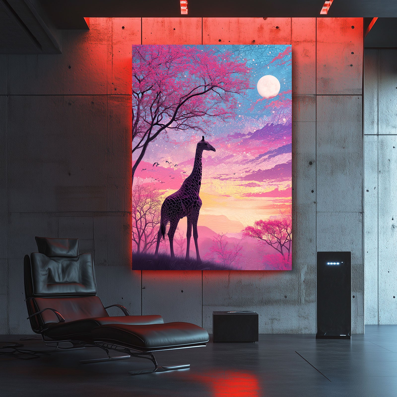 Giraffe painting on a wall in a modern room with a chair and speakers.