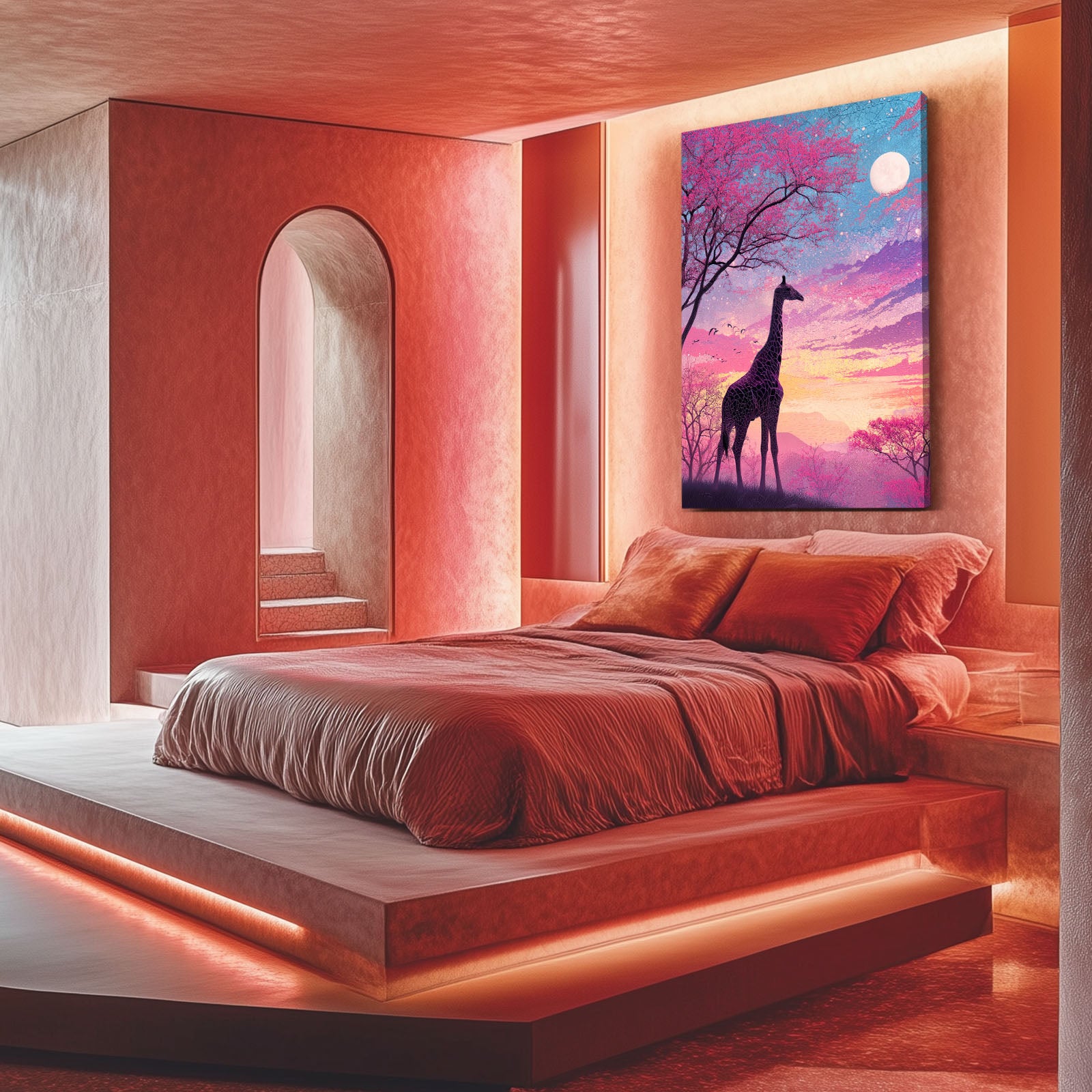 Modern bedroom with pink walls, a bed, and a painting of a giraffe.