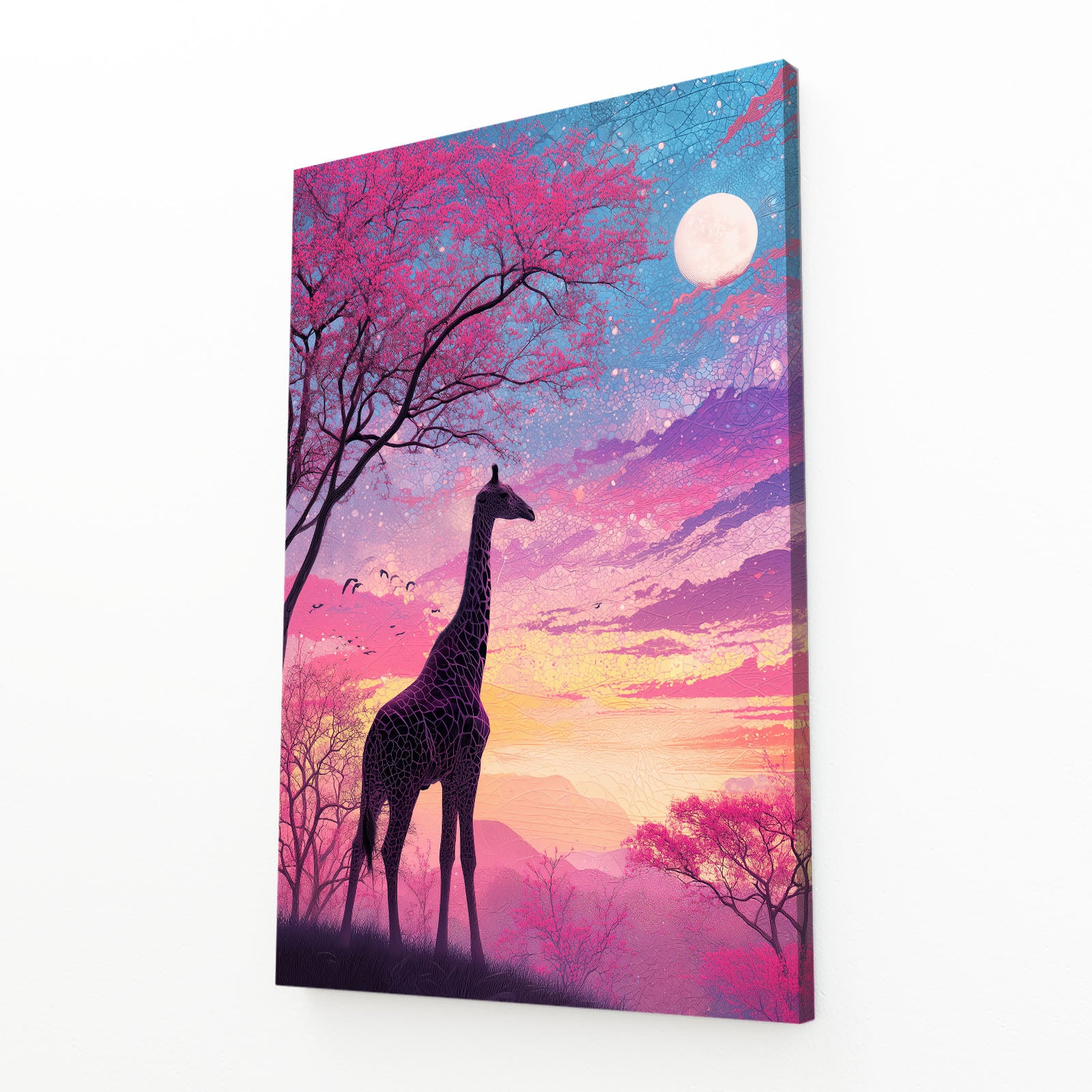 Canvas print with a giraffe silhouette against a colorful sky with trees and moon.