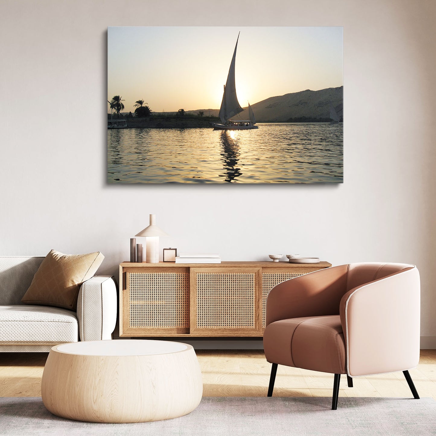 Nile Sunset Sail Egyptian Canvas – styled in a furnished interior