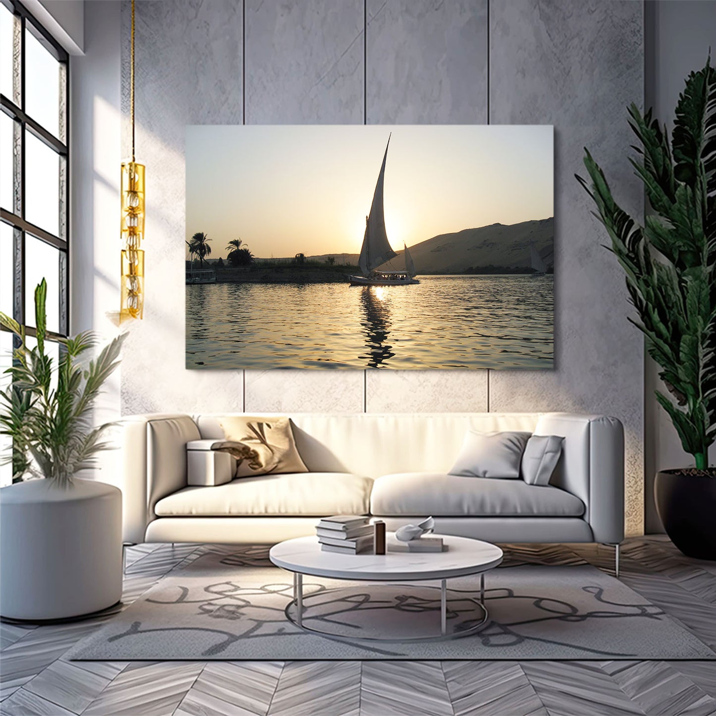 Nile Sunset Sail Egyptian Canvas – styled in a furnished interior