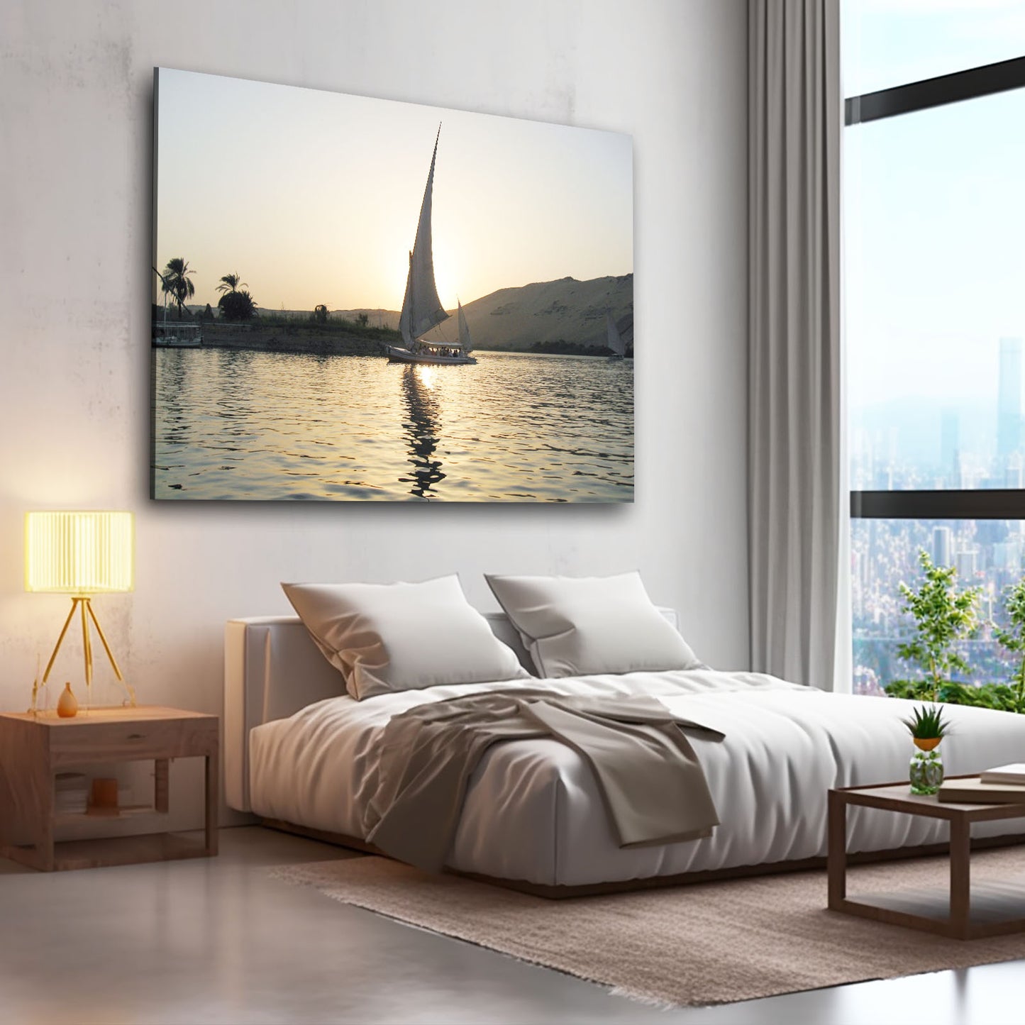 Nile Sunset Sail Egyptian Canvas – styled in a furnished interior