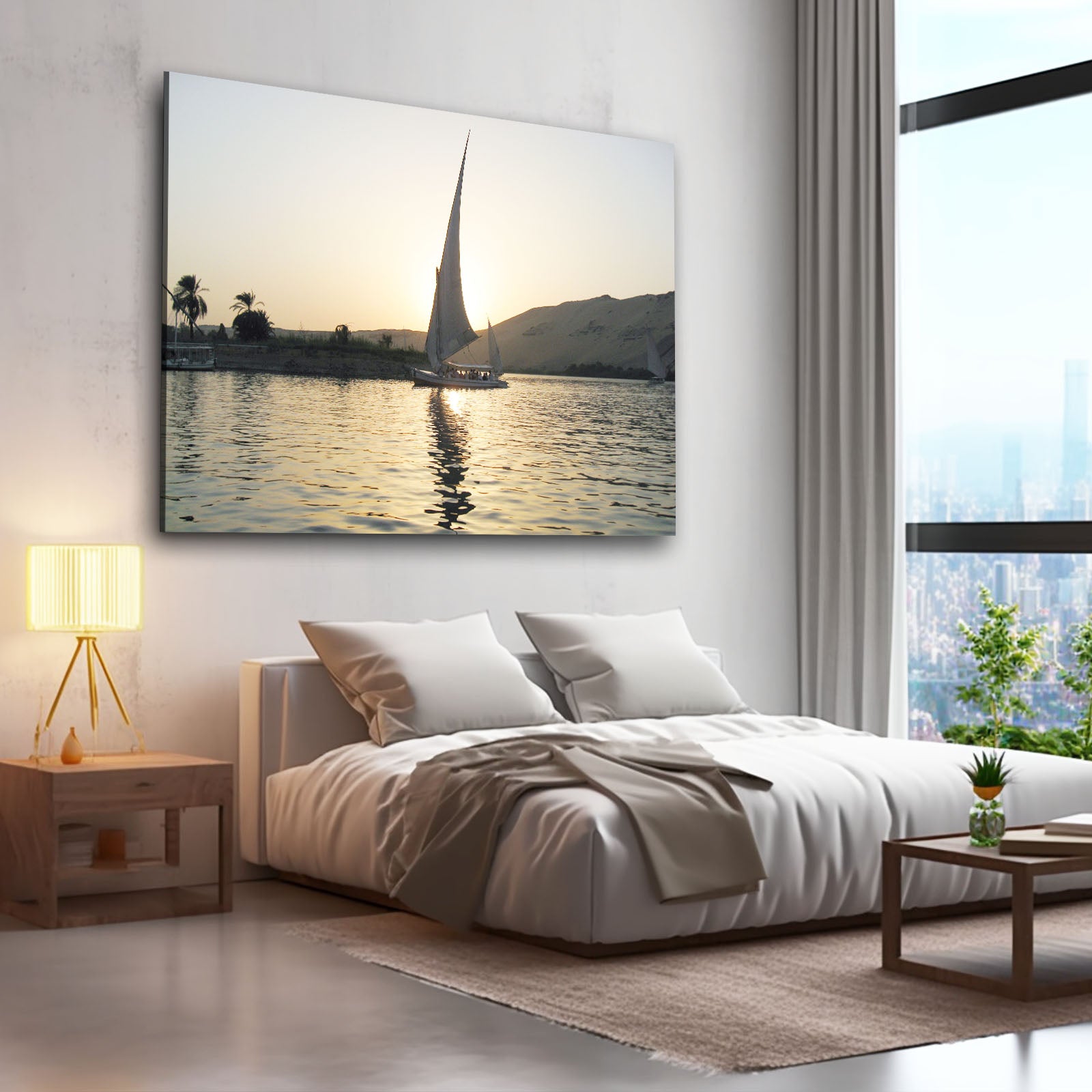 Nile Sunset Sail Egyptian Canvas – styled in a furnished interior