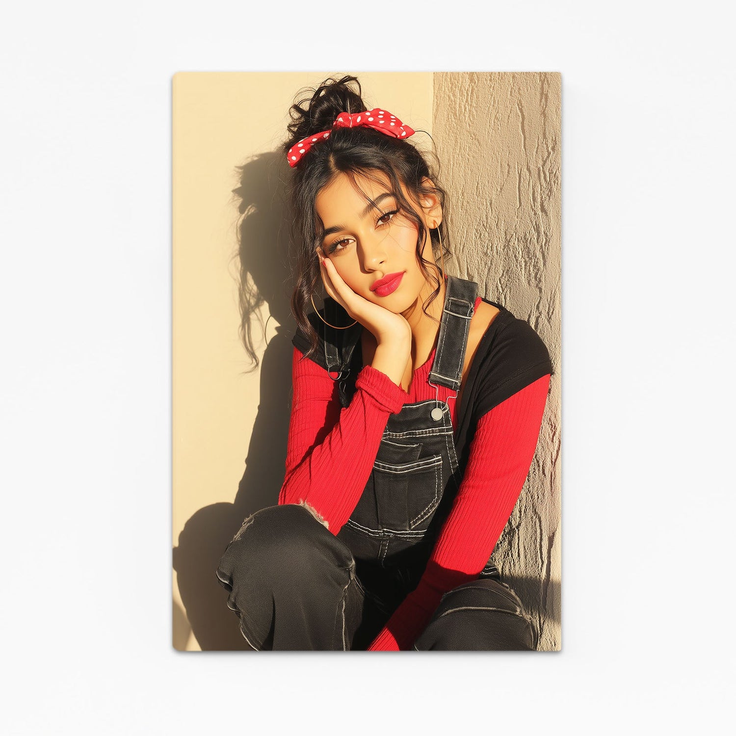 Nineties Red Bandana Women Photography Print – smiling woman in red bandana and black overalls, nineties style