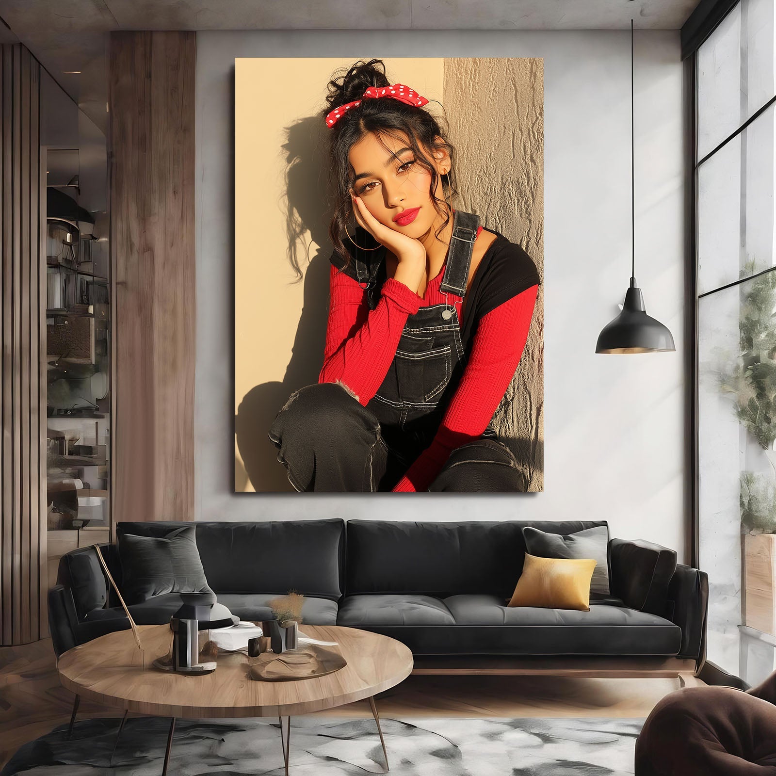 Nineties Red Bandana Women Photography Print – above a charcoal sofa in a dark lounge