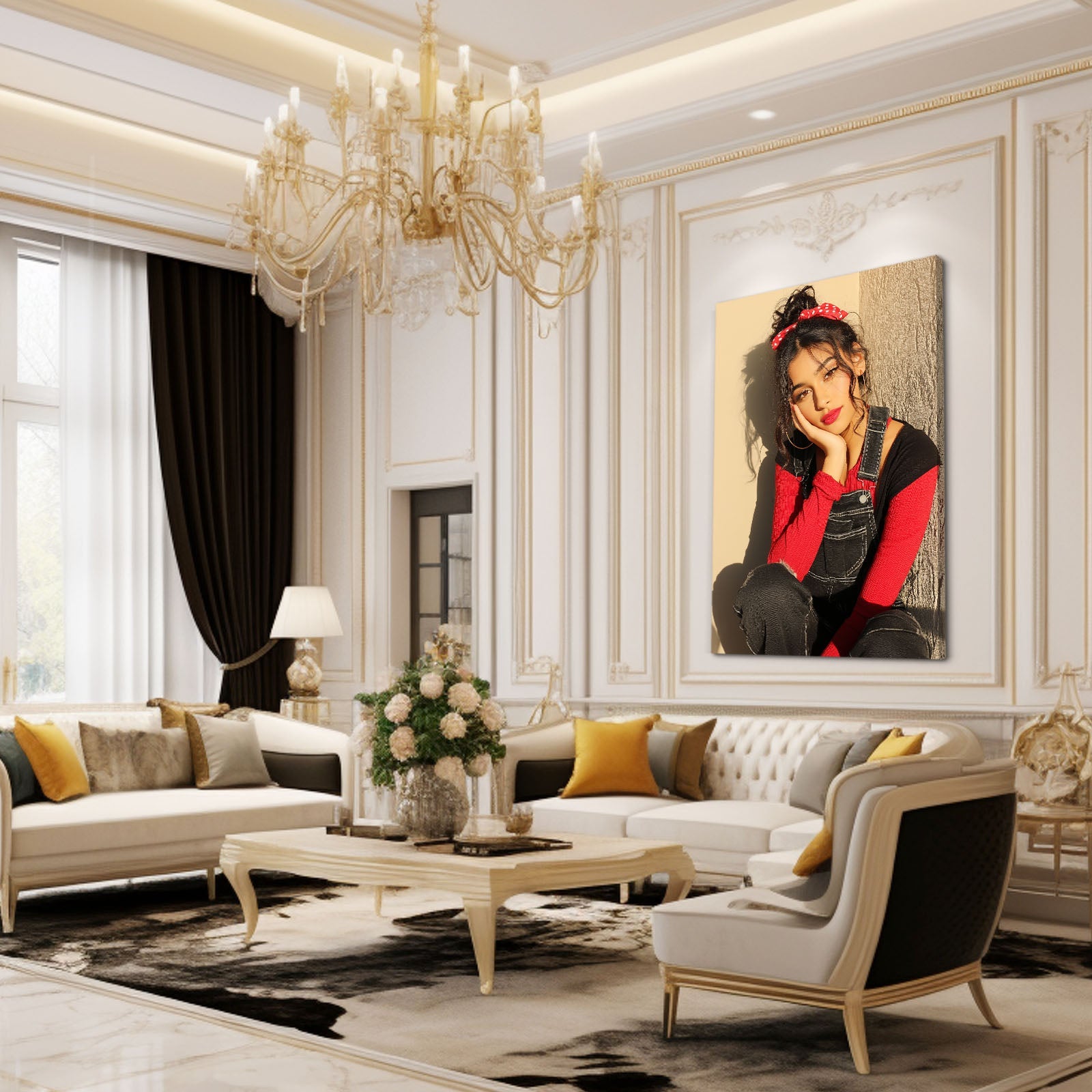 Nineties Red Bandana Women Photography Print – in a classic cream living room