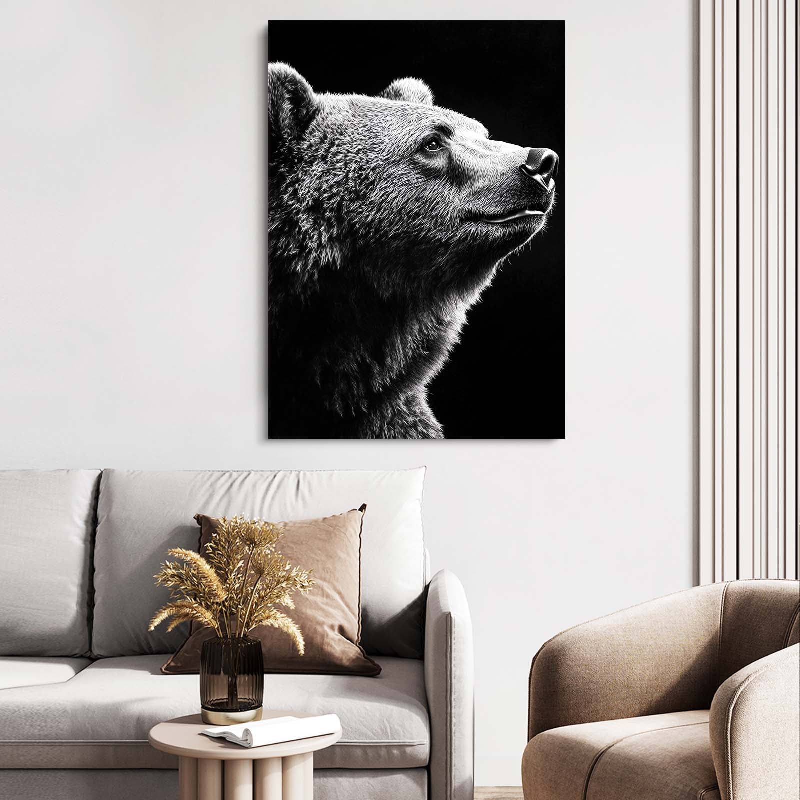 Noble Bear Photography Wall Art – above a console in a bright white room