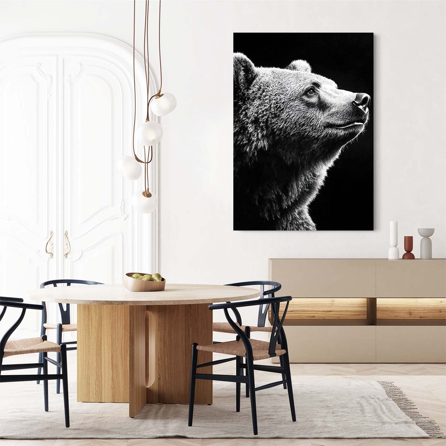 Noble Bear Photography Wall Art – above a round wood dining table